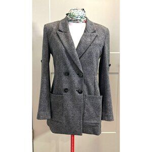 CABI Semi-Fitted Knit Long Double Breasted Blazer Sz M No Lining Plaid Back Gray